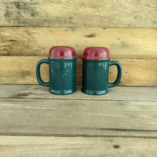 Vintage Chunky Stoneware Salt and Pepper Shakers / Burgundy and Hunter Green with speckled design