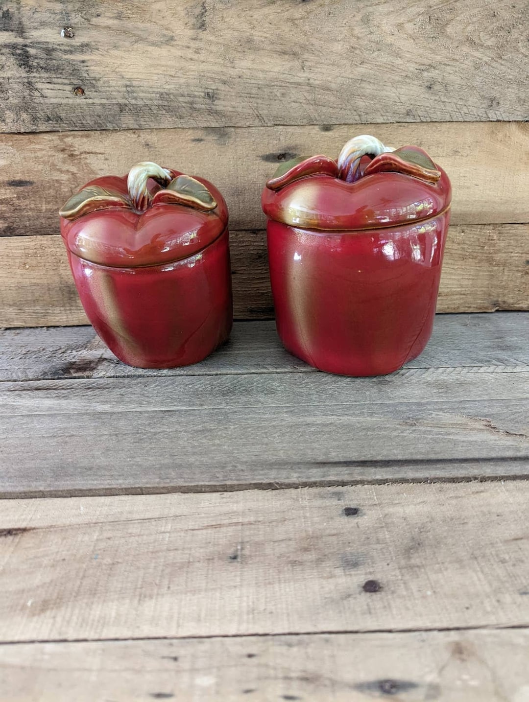 Vintage Four Piece Red Apple Canister Set / Two Canisters With Lids do NOT Have Rubber Seals on