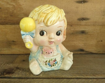 Vintage Ceramic Baby with Rattle Nursery Planter / Kitschy / Made in Japan / 7986