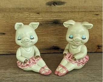 Vintage Set of Piggy Ballerina Salt and Pepper Shakers Made in Japan Anthropomorphic Kitschy Kitsch