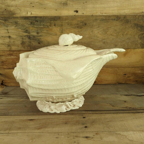 Vintage Ceramic Conch Shell Soup Tureen with Lid and Ladle