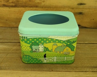 Vintage 1980s Potpourri Press Tin Tissue Box Farmhouse Black Cat Made in USA