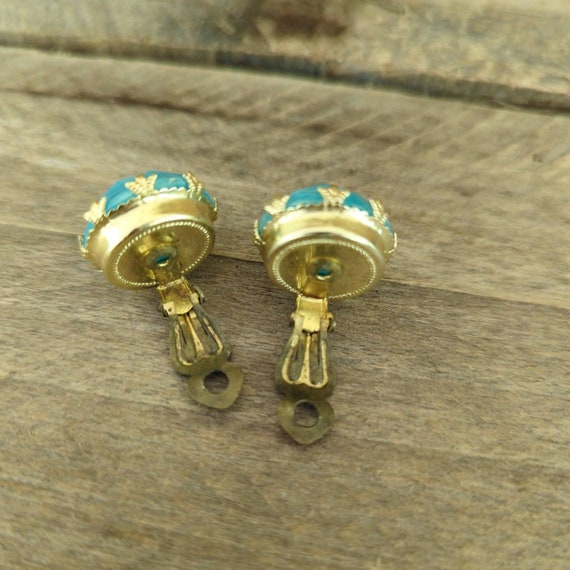 Vintage Gold Tone Turquoise Colored Clip-on Earri… - image 5
