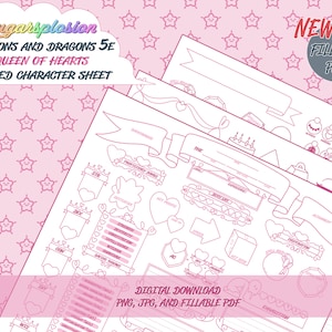 D&D 5e Character Sheet: Queen of Hearts | Digital Download | Dungeons and Dragons Full Stat Sheet Cute Kawaii Pink Custom Printable