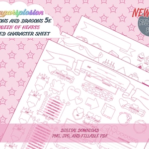 Hoja de personaje de D&D 5e: Reina de corazones / Descarga digital / Calabozos y dragones Hoja de estadísticas completa Cute Kawaii Pink Custom Imprimible