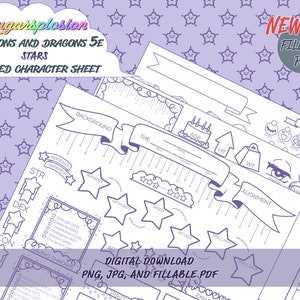 D&D 5e Character Sheet: Stars | Digital Download | Dungeons and Dragons Full Stat Sheet Cute Kawaii Purple Custom Printable