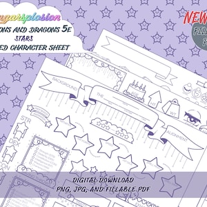 D&D 5e Character Sheet: Stars | Digital Download | Dungeons and Dragons Full Stat Sheet Cute Kawaii Purple Custom Printable