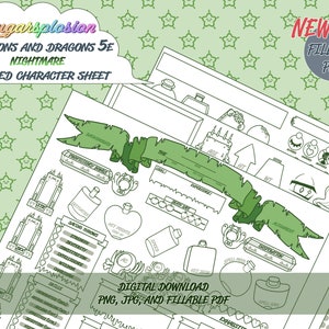 May include: A printable Dungeons and Dragons character sheet with a green and white color scheme. The sheet is designed for use with the 5th edition of the game. The sheet includes sections for character name, race, class, alignment, background, and more. The sheet is available as a digital download in PNG, JPG, and fillable PDF formats.