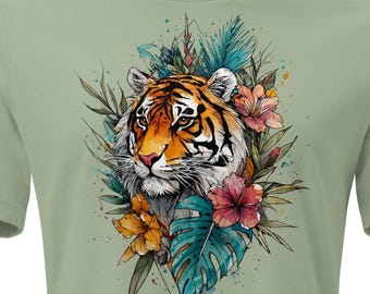 Floral Tiger T-Shirt Women, Botanical Tiger Graphic Tee, Tropical Wildlife Shirt, Nature Lover Gift, Boho Animal Tee, Sage Green Relaxed tee
