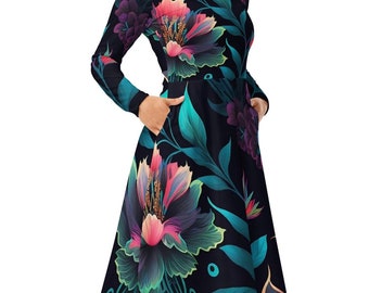 Dark Floral Midi Dress: Vibrant Botanical Print, Long Sleeves, Pockets