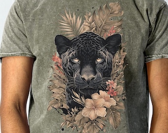 Black Panther Denim T-Shirt Vintage Mineral Wash Tee Botanical Panther Shirt Jungle Animal Graphic Unisex Nature Lover Gift Boho Tee