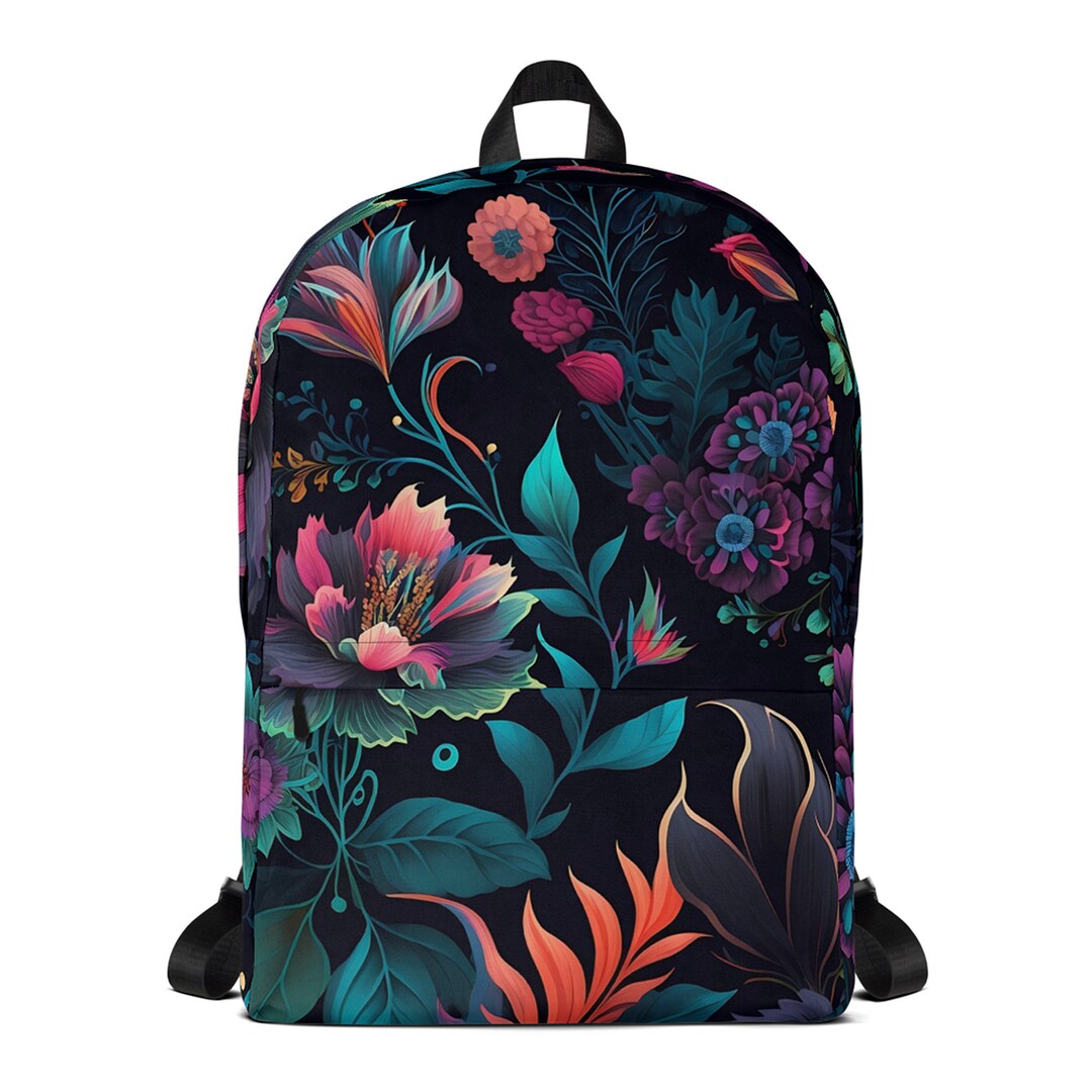 Floral Backpack: Vibrant Flowers on Black, Water-resistant  display picture 2