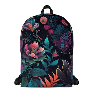 Puede incluir: Una mochila negra con un estampado floral que presenta flores vibrantes de color rosa, morado y turquesa sobre un fondo oscuro.