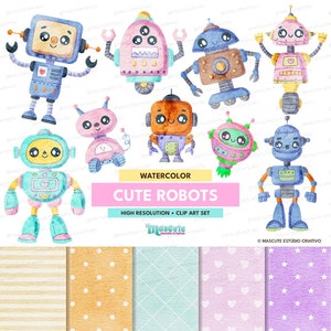 Cute Watercolor Robot Clipart Set | Hand-Painted Robot Illustrations for Kids Crafts, Party Invitations, Scrapbooking, and DIY Projects