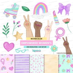 Aquarell ermächtigte Frauen Clip Art und digitales Papier, druckbare Mädchen macht, Starke Frau Clipart, Mädchen Ermächtigung, Mädchen Macht Dekor