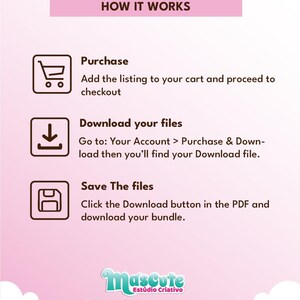 Op de afbeelding: Een roze en witte afbeelding met de tekst "HOW IT WORKS". De stappen omvatten het kopen, downloaden van bestanden en het opslaan van bestanden. Het Mascute Est&uacute;dio Criativo-logo staat onderaan.