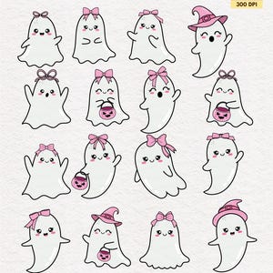 Op de afbeelding: Een verzameling van 16 cartoon spook illustraties. Elke geest is wit met zwarte ogen en een lachende mond. Sommige geesten hebben roze strikken of heksenhoeden. De tekst "Included Elements" en "PNG &bull; SVG &bull; EPS FILES" is inbegrepen.