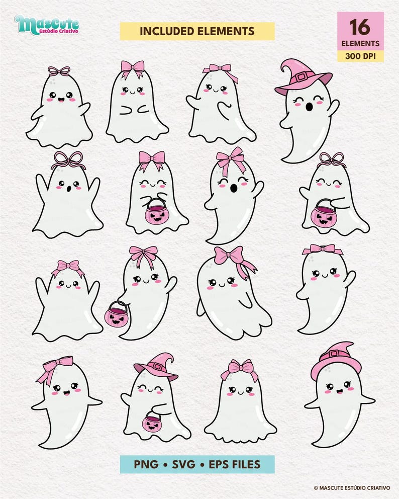 Op de afbeelding: Een verzameling van 16 cartoon spook illustraties. Elke geest is wit met zwarte ogen en een lachende mond. Sommige geesten hebben roze strikken of heksenhoeden. De tekst "Included Elements" en "PNG &bull; SVG &bull; EPS FILES" is inbegrepen.
