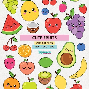 Cute Fruit Clipart Set SVG PNG EPS | Kawaii Fruit Illustrations for Sublimation, Stickers, Party Decor, Nursery & Scrapbooking