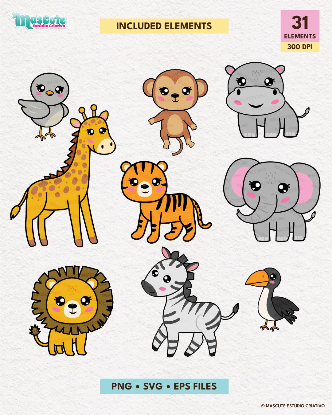 Safari Animals Clipart Set: Jungle Nursery Illustrations (SVG, PNG, EPS ...