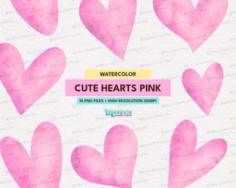 May include: Watercolor illustration featuring nine pink hearts of varying sizes and orientations. The image includes text that reads "Watercolor," "Cute Hearts Pink," and details about the file type and resolution.