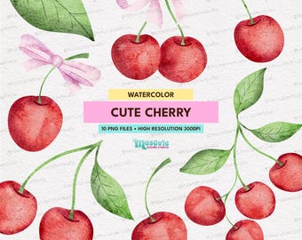Watercolor Cherry Clipart: Hand-Painted Fruit PNG files