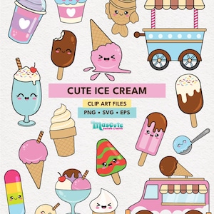 Set di clipart di gelato carino in formato SVG, PNG e EPS / Dolcetti kawaii per sublimazione, articoli per feste, adesivi, poster e artigianato