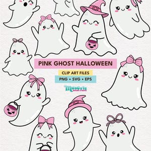Op de afbeelding: Een verzameling schattige, cartoonachtige spookjes in verschillende poses. De spookjes zijn wit met roze strikken, hoeden en pompoen-snoepzakken. De tekst luidt "PINK GHOST HALLOWEEN" en "CLIP ART FILES".