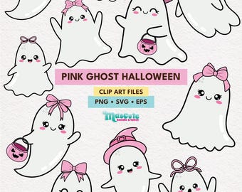 Pink Halloween Ghost Clipart: Coquette Ghosts with Bows (PNG, SVG, EPS)