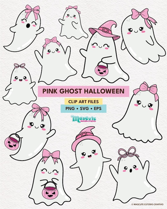 Pink Halloween Ghost Clipart: Coquette Ghosts with Bows (PNG, SVG, EPS)
