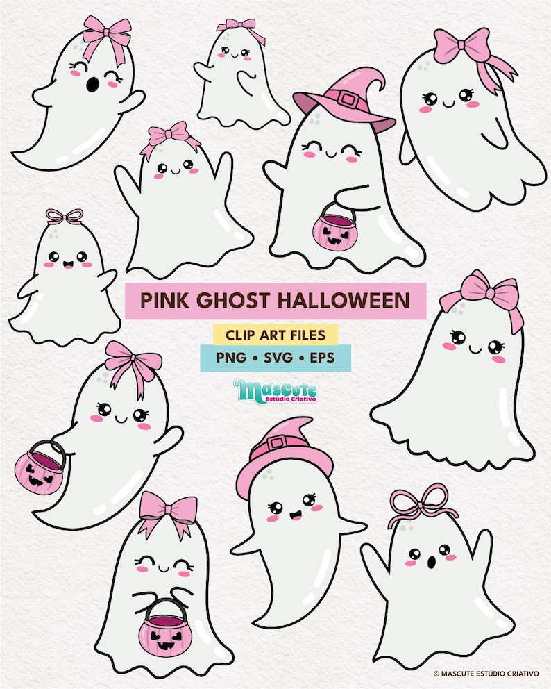 Op de afbeelding: Een verzameling schattige, cartoonachtige spookjes in verschillende poses. De spookjes zijn wit met roze strikken, hoeden en pompoen-snoepzakken. De tekst luidt "PINK GHOST HALLOWEEN" en "CLIP ART FILES".
