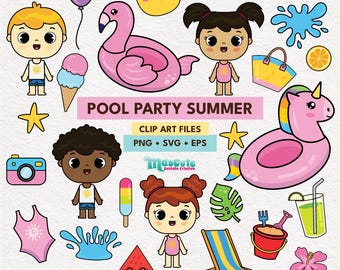 May include: A vibrant collection of summer-themed clip art. The image features cartoon illustrations of a sun, pool floats, beach accessories, and children, with the text "POOL PARTY SUMMER". Includes a pink flamingo float, a unicorn float, and a beach chair.