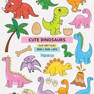 May include: A collection of colorful, cartoon dinosaurs in various poses. The image includes a triceratops, T-Rex, and long-necked dinosaurs, along with an egg, bone, and volcano. Text reads "CUTE DINOSAURS" and "CLIP ART FILES".