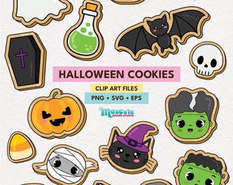 Halloween Cookies Clipart Set: Spooky Ghost, Pumpkin, Bat (PNG, SVG, EPS)