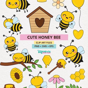 May include: A collection of cute cartoon honey bee clip art elements. Includes bees, a beehive, honey, flowers, a crown, and the text "CUTE HONEY BEE". The clip art is available in PNG, SVG, and EPS formats.