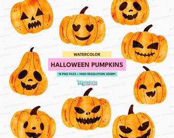 Watercolor Halloween Pumpkin Clipart Set: Jack O'Lantern PNG (Digital Download)