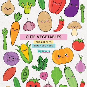 Ensemble de cliparts de légumes mignons SVG PNG EPS | Vecteurs végétariens kawaii pour sublimation, décoration de chambre d'enfant, autocollants, scrapbooking et travaux manuels