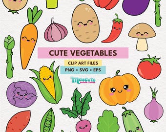 Kawaii groente clipartset: Veggie Vectors SVG PNG EPS