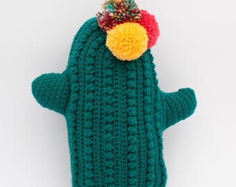 Handmade Teal Crochet Cactus Pillow with Pompoms