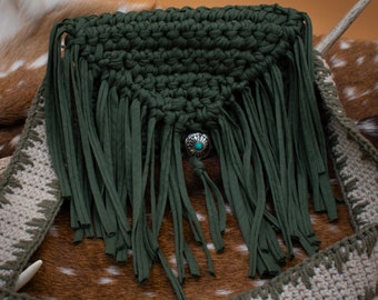 Crocheted Olive Fringe Purse