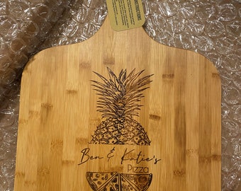 Laser Engraved Bamboo Pizza Peel, Hawaiian Pineapple Personalized Pizza Paddle Custom Pizza Peel Gifts Pizza Lover Pineapple Debate