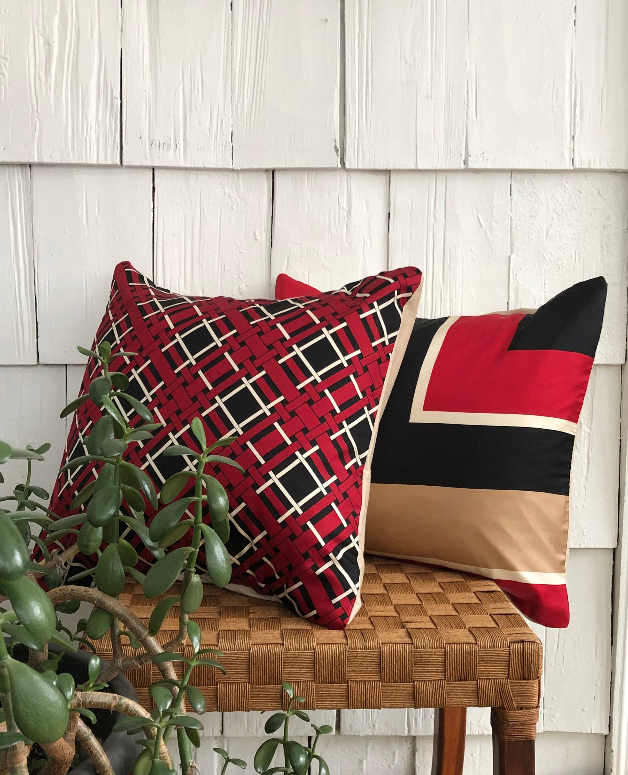 Vintage Mid Century Silk Scarf Pillow Cover in Red, Black and Tan