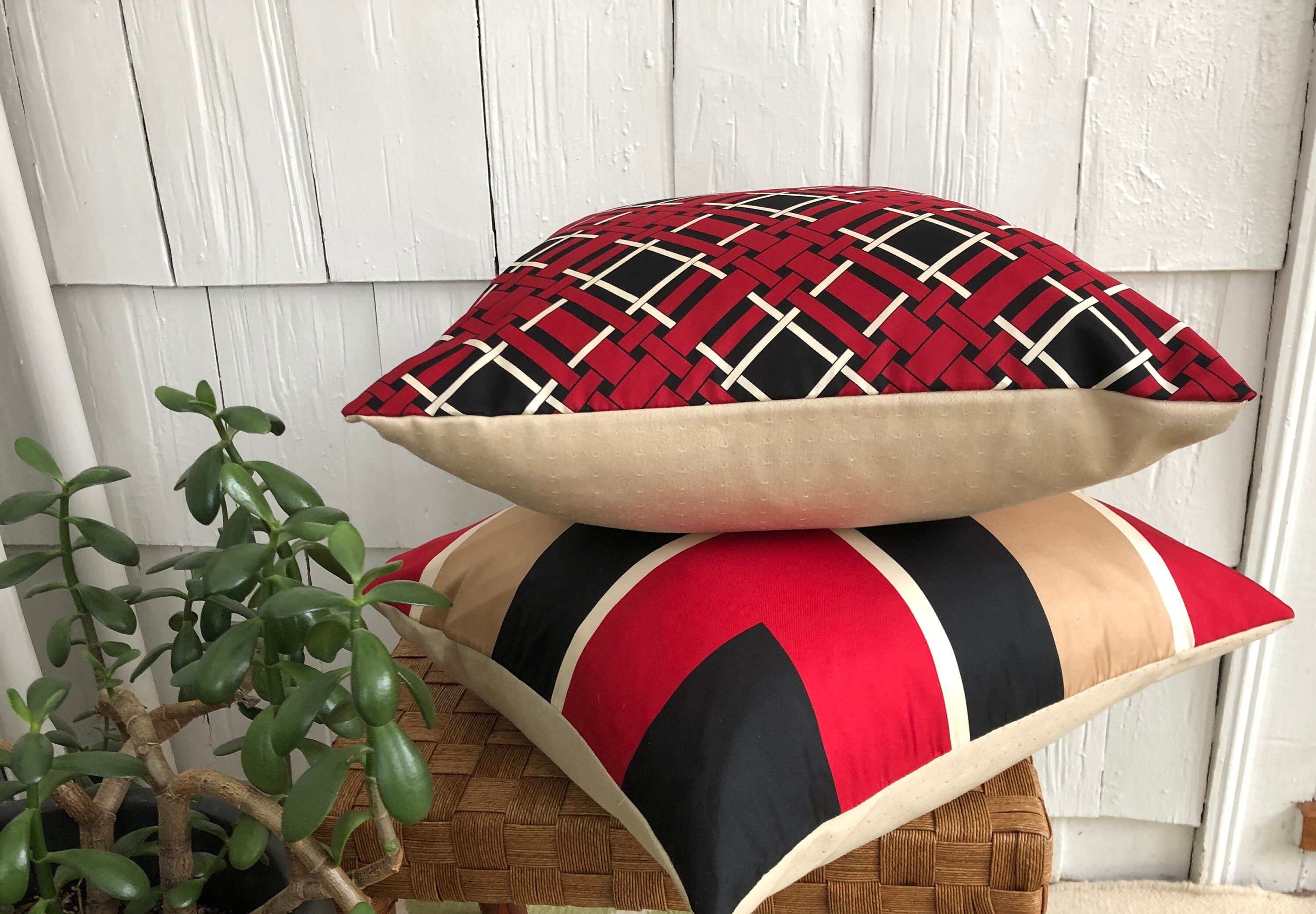Vintage Mid Century Silk Scarf Pillow Cover in Red, Black and Tan