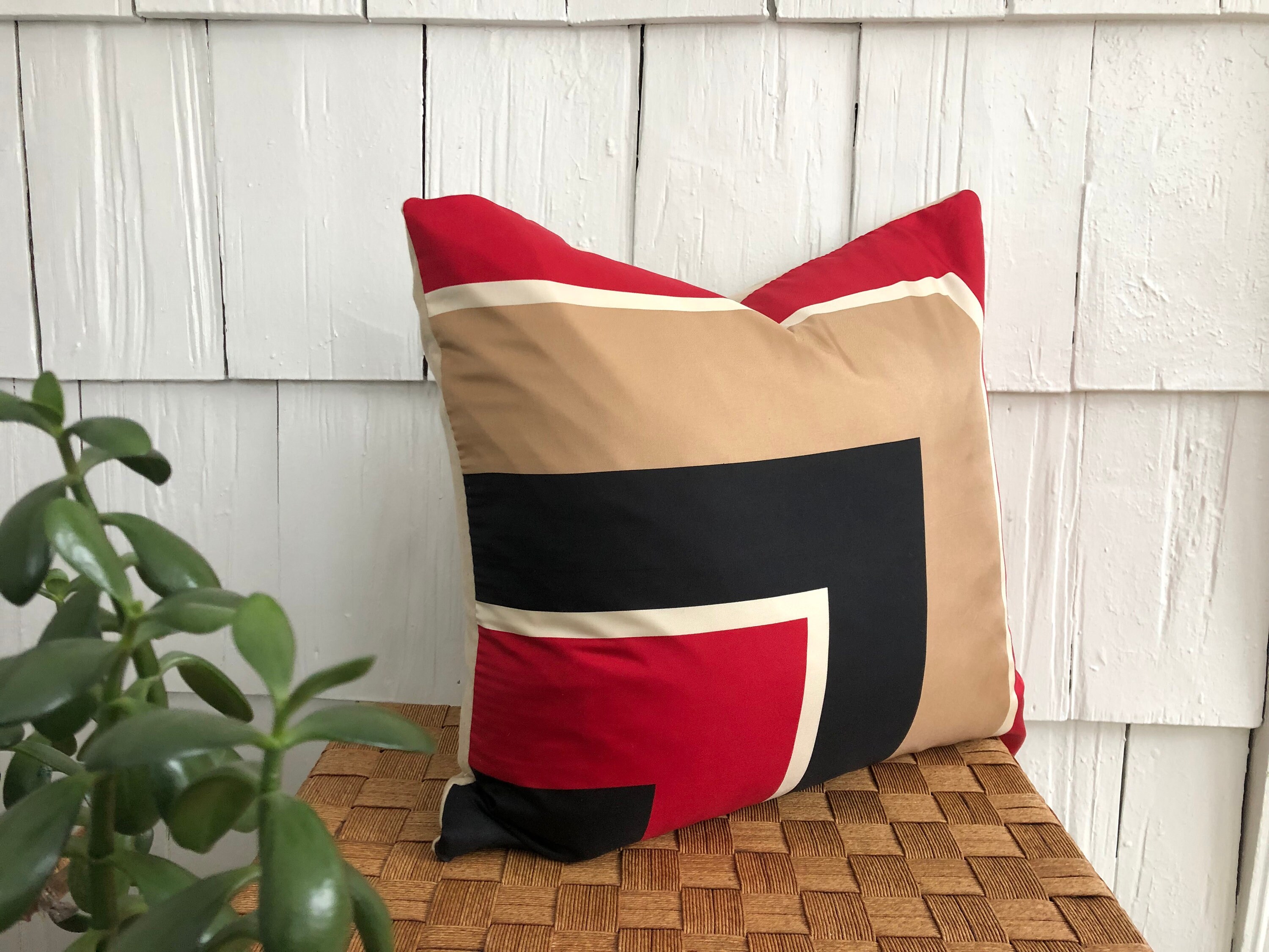 Vintage Mid Century Silk Scarf Pillow Cover in Red, Black and Tan