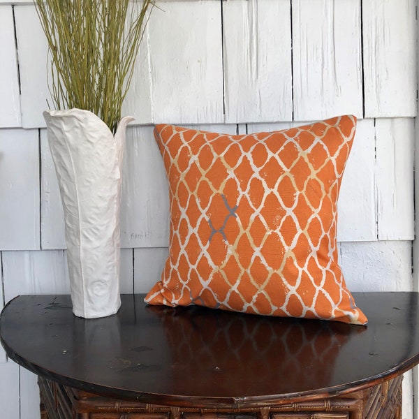 Vintage Designer Fabric Pillow Cover in Orange with Abstract Pale Blue Trellis Pattern