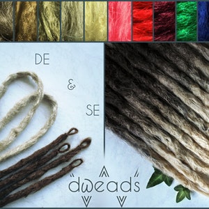 Könnte beinhalten: Zwei Sätze synthetischer Dreadlocks, ein Satz ist braun und der andere ist eine Mischung aus dunkelbraun und hellblond. Die Dreadlocks sind in einer Nahaufnahme mit abgebundenen Enden zu sehen. Der Text "dreads" ist auf dem Bild sichtbar.