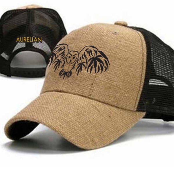 Aurelian Barn Owl Hemp Trucker Hat, hemp baseball cap with adjustable snap closure, embroidered owl hemp hat with mesh back