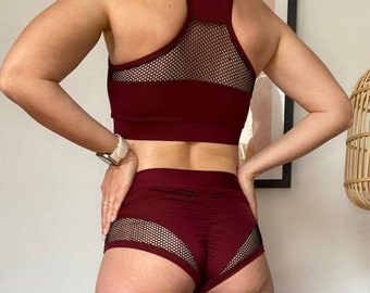 Ropa deportiva y fitness, top y pantalones cortos de pole dance con inserciones de malla, traje de entrenamiento, disfraz de polewear, lap dance, elegante disfraz de pole