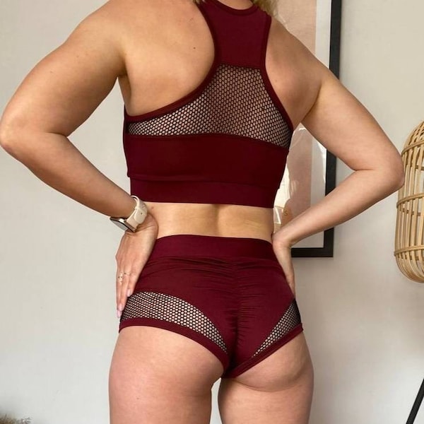 Ropa deportiva y de fitness, top y shorts para pole dance con inserciones de malla, conjunto de entrenamiento, traje para pole dance, lap dance, elegante traje para pole dance