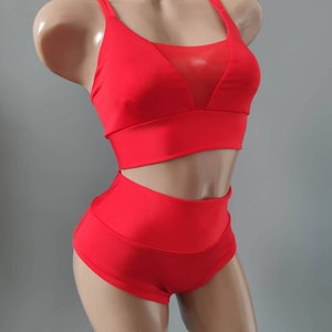 Red Pole Dance Costume, Basic Pole Dance Wear, High Waist Shorts and Mesh Sports Bra, Pole Dance Outfit, Gym Top and Shorts, Workout Outfit
